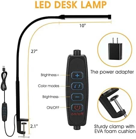Flexible Clamp Desk Lamp: 3 Color Modes, 10 Brightness Levels