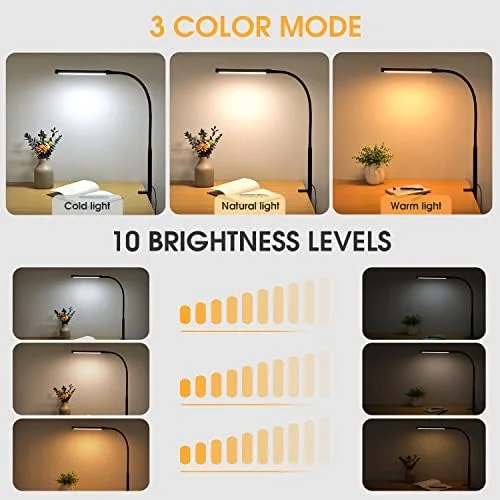 Flexible Clamp Desk Lamp: 3 Color Modes, 10 Brightness Levels