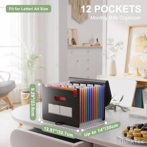 Compact ThinkTex Accordion File Organizer, 12 - Pocket Expanding File Folders for Paper Receipts, Bills & Ta